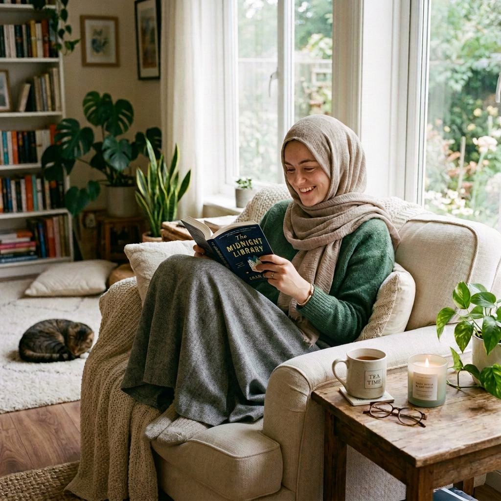 Woman sitting on a couch reading ‘The Midnight Library’ book with a cat lying on the rug nearby