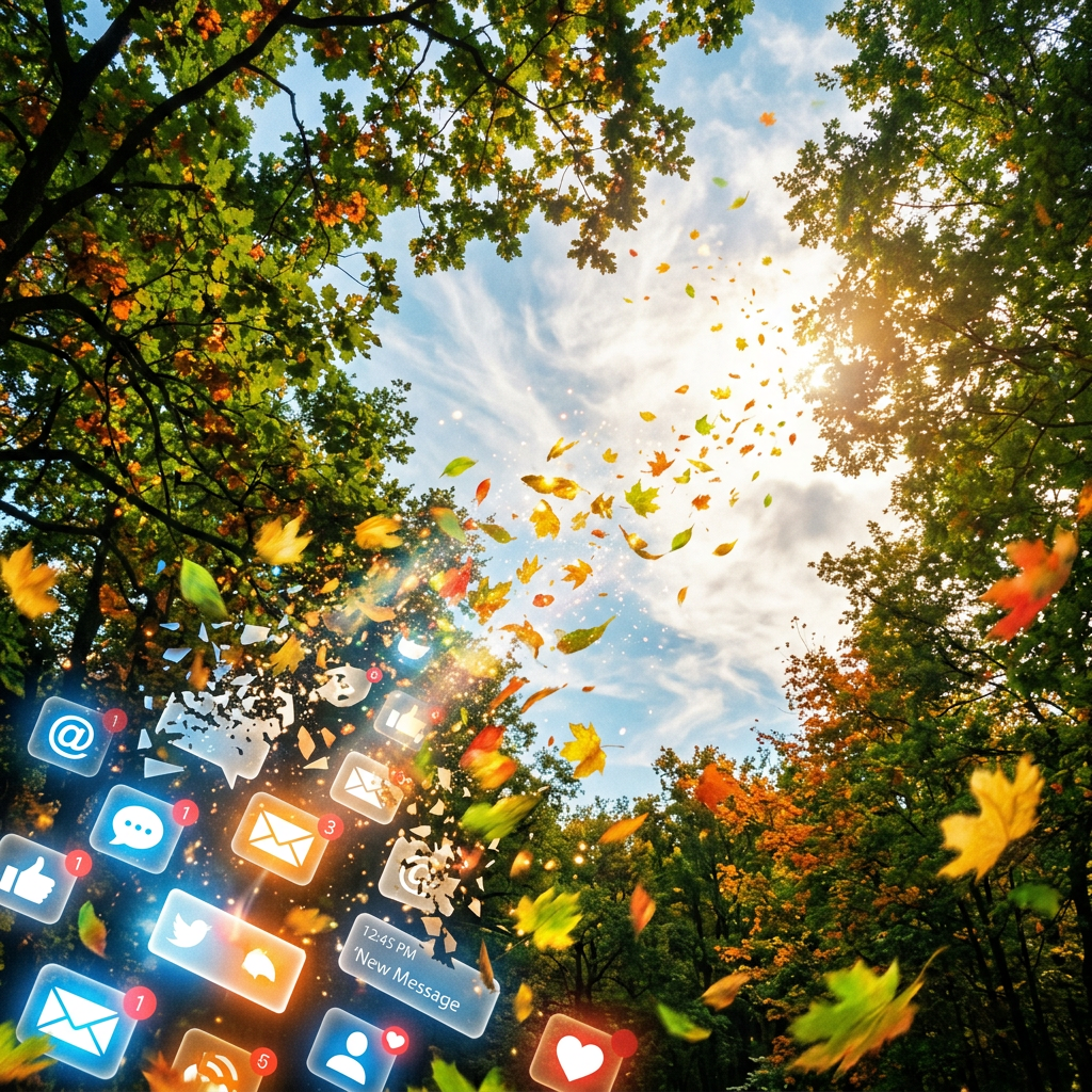 Social media icons and notifications floating among autumn leaves in a forest