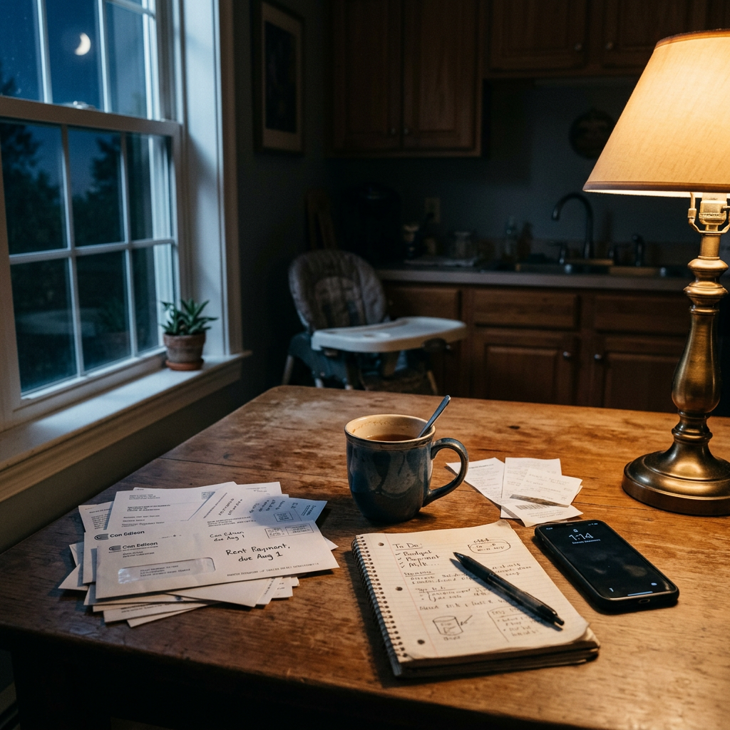 Kitchen table with bills, notebook, coffee, phone, and lamp